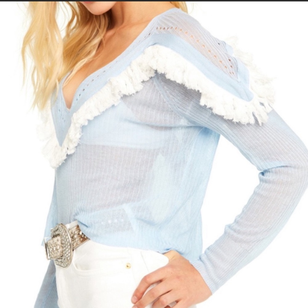 NWT Wildfox Waylon Fringe Accent Semi Sheer V-neck Sweater